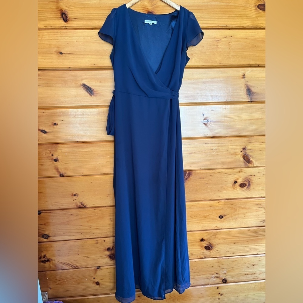 Joanna August Mixi Wrap Gown Chiffon Navy Blue Bridesmaid Flowy M